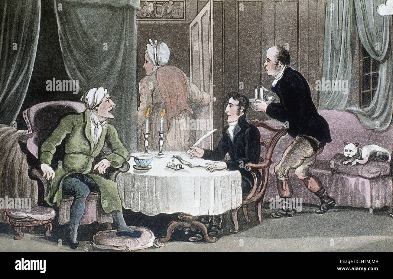 Dr Syntax making his will. Servants leave the room so that he can speak with his lawyer in privacy. Illustration by Thomas Rowlandson for William Combe 'Tours of Dr Syntax', London, c1816. Aquatint Stock Photo