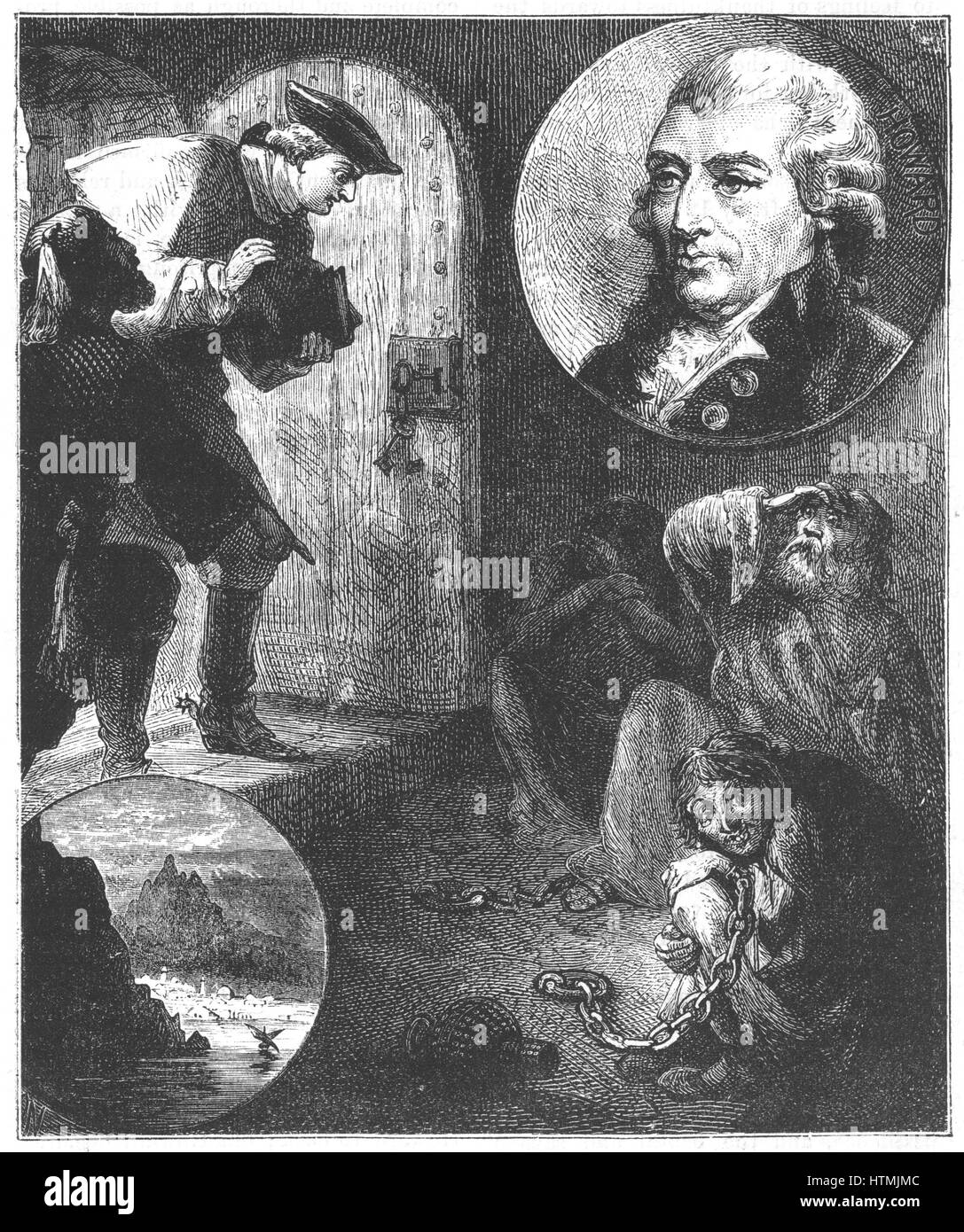 John Howard (1726-90) English prison reformer. From 1773 began campaign to improve awful conditions in English prisons. Published 'State if Prisons' in 1770. Howard visiting a prison and Howard portrait inset. Engraving 1880 Stock Photo