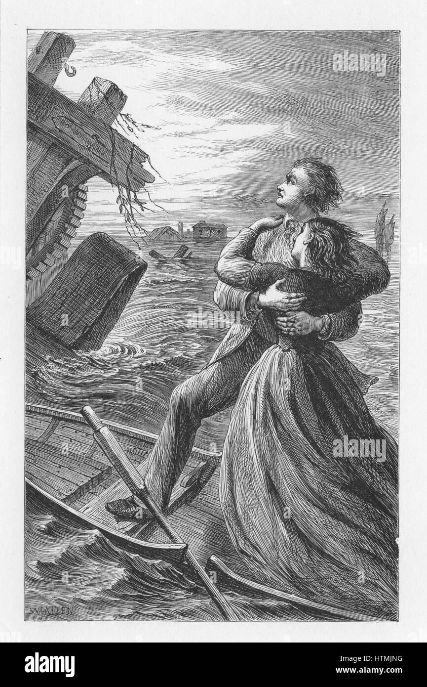 Tom and Maggie Tulliver being run down by machinery from Dolcote Mill that has broken away in the flood, They die in a close embrace and the inscription on their tomb was 'In their death they were not divided'. Illustration by Walter James Allen (active 1 Stock Photo