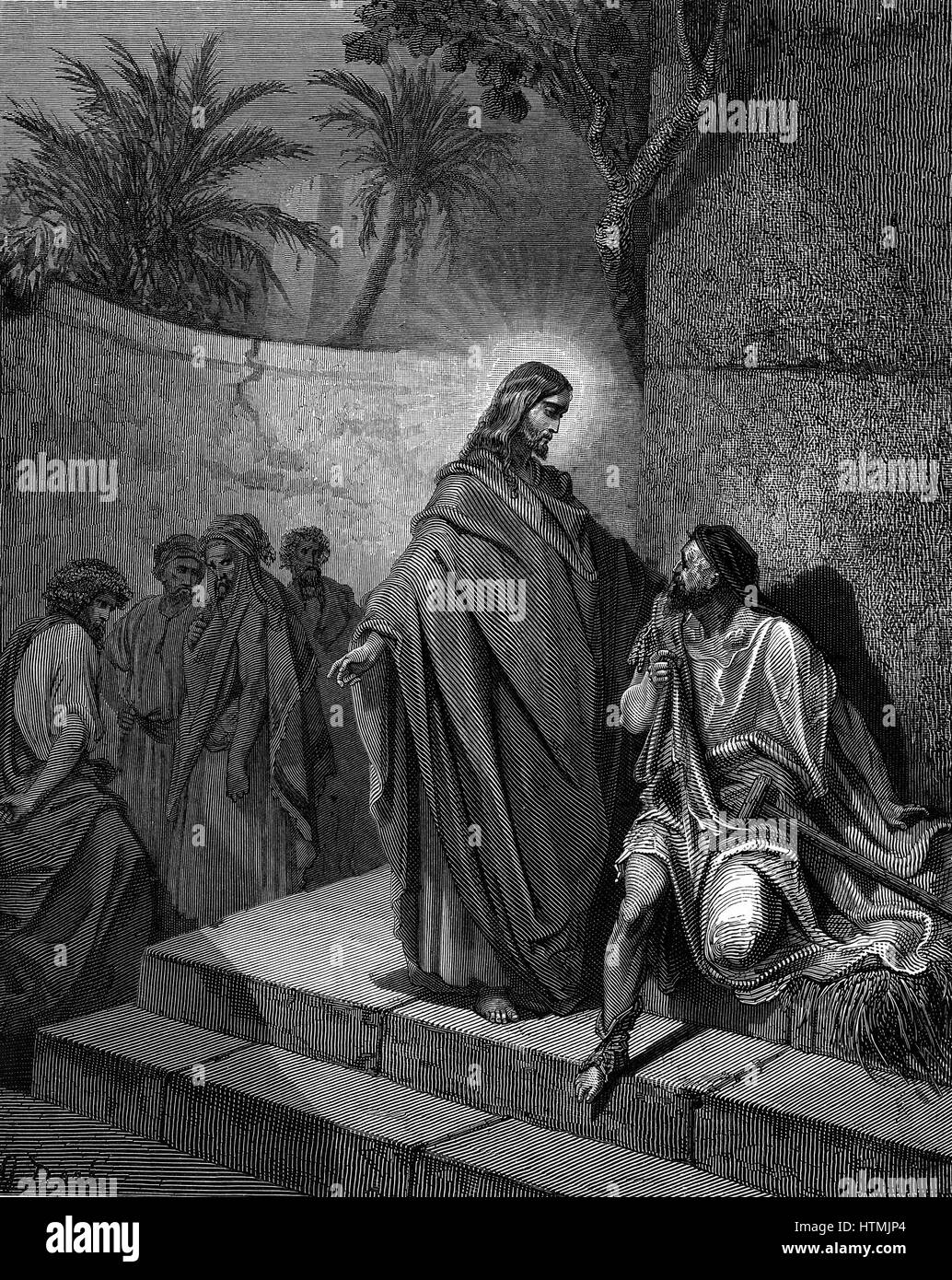 Christ healing the man sick of the palsy. Matthew 9. From Gustave Dore's illustrated 'Bible' 1866. Wood engraving Stock Photo