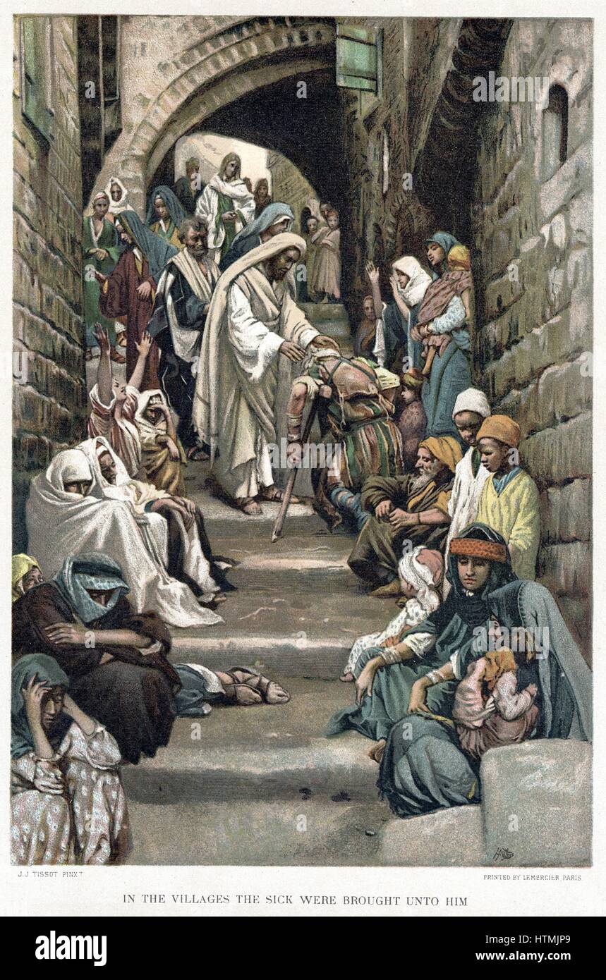 Christ healing the sick brought to him in the villages. Bible: Mark 6. From JJ Tissot 'The Life of our Saviour Jesus Christ' c1890. Oleograph Stock Photo