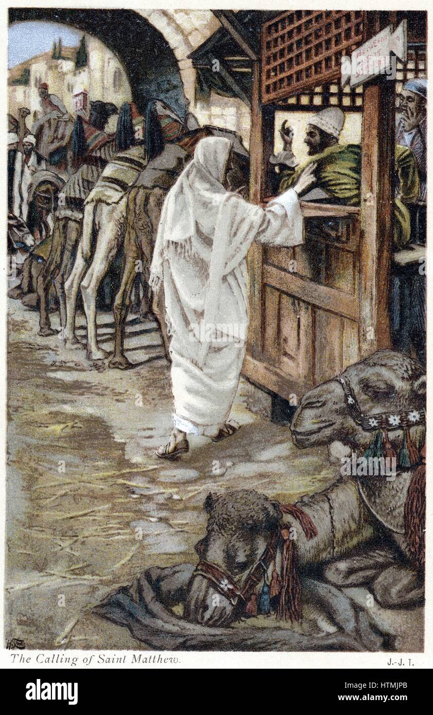 Christ calling Matthew, the tax collector to follow him. From JJ Tissot 'The Life of Our Saviour Jesus Christ' c1890. Oleograph Stock Photo