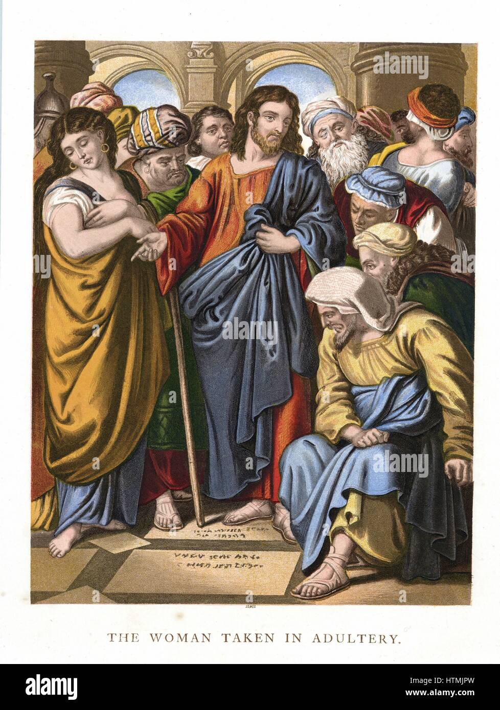 Jesus defending the woman taken in adultery against the Scribes and the Pharisees, saying: 'Let him that is without sin among you, first cast a stone at her'. John:8. Mid-19th century chromolithograph. Colour Stock Photo