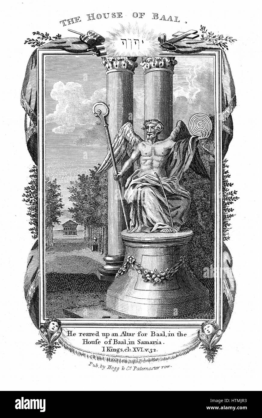 Baal, god of fertility and king of the gods of the Canaanites. "He reared up an altar for Baal, in the house of Baal , in Samaria". I Kings 16:32 From evangelical "Bible" published c.1804. Engraving. Stock Photo