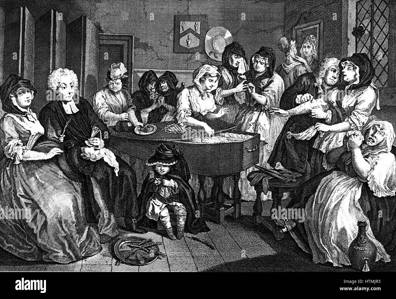 Kate Hackabout, the harlot, is placed in her coffin. Sixth and final plate in William Hogarth's series 'The Harlot's Progress' (1733). William Beckford bought the original paintings which were destroyed in the fire at Fonthill in 1755. Engraving Stock Photo