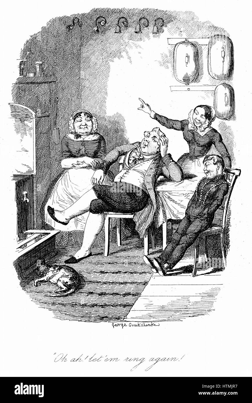Rebellion below stairs - the servants too snug to answer the house bells at the first ring. Illustration by George Cruikshank (1792-1878) for the Brothers Mayhew 'The Greatest Plague of Life: or The Adventures of a Lady in Search of a Good Servant'., Lond Stock Photo