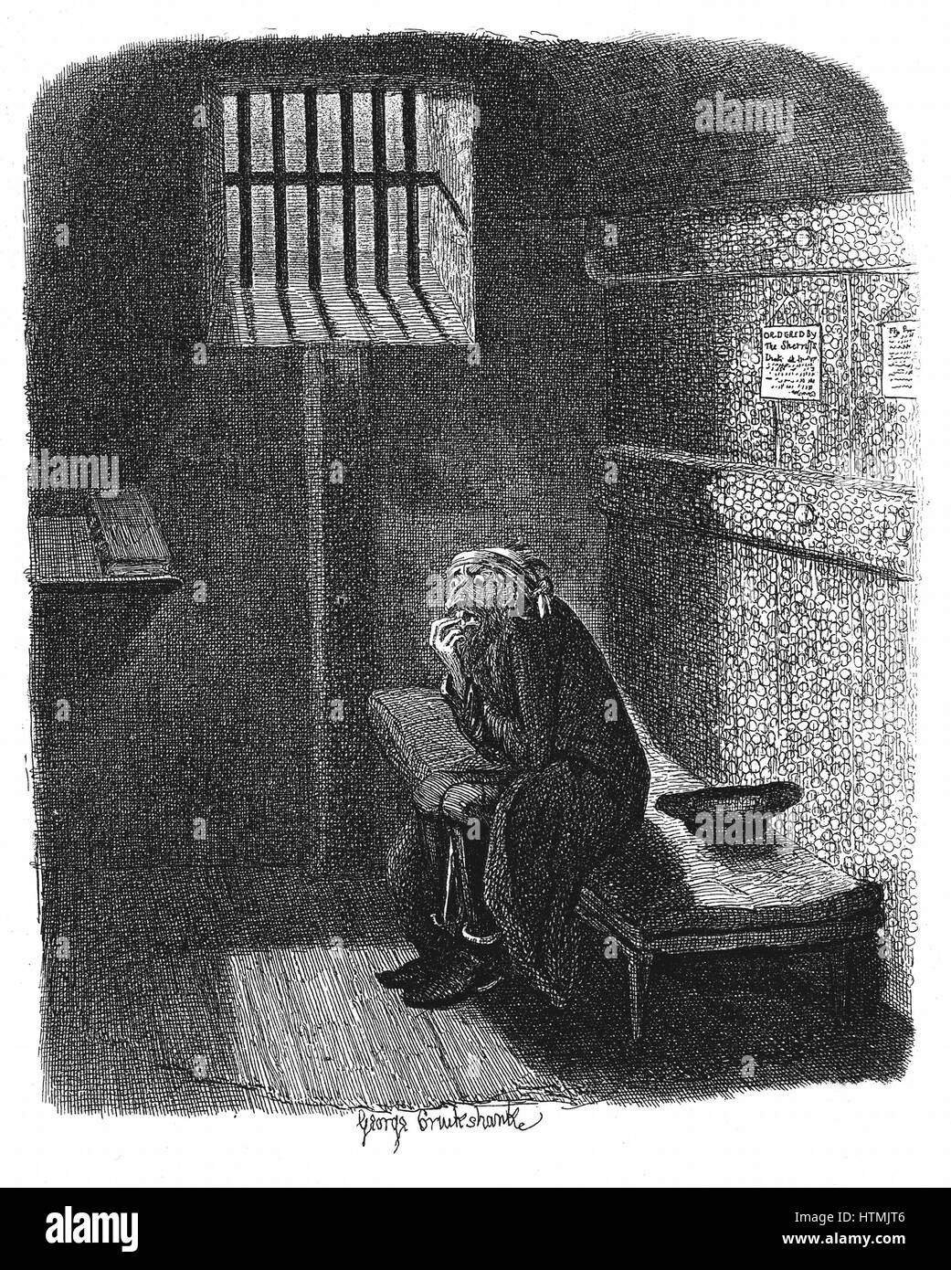 Fagin in the condemned cell in Newgate prison awaiting his execution. George Cruikshank illustration for Charles Dickens 'Oiliver Twist', London, 1837-38. Engraving Stock Photo