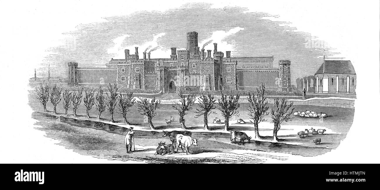 Reading Gaol, Berkshire, England. Exterior view of newly built County Gaol opened in 1844. On same plan as the model prison at Pentonville, it was arranged in four wings joined by central Inspection Hall. Approximatedly 520 cells, each with hammock, stool Stock Photo