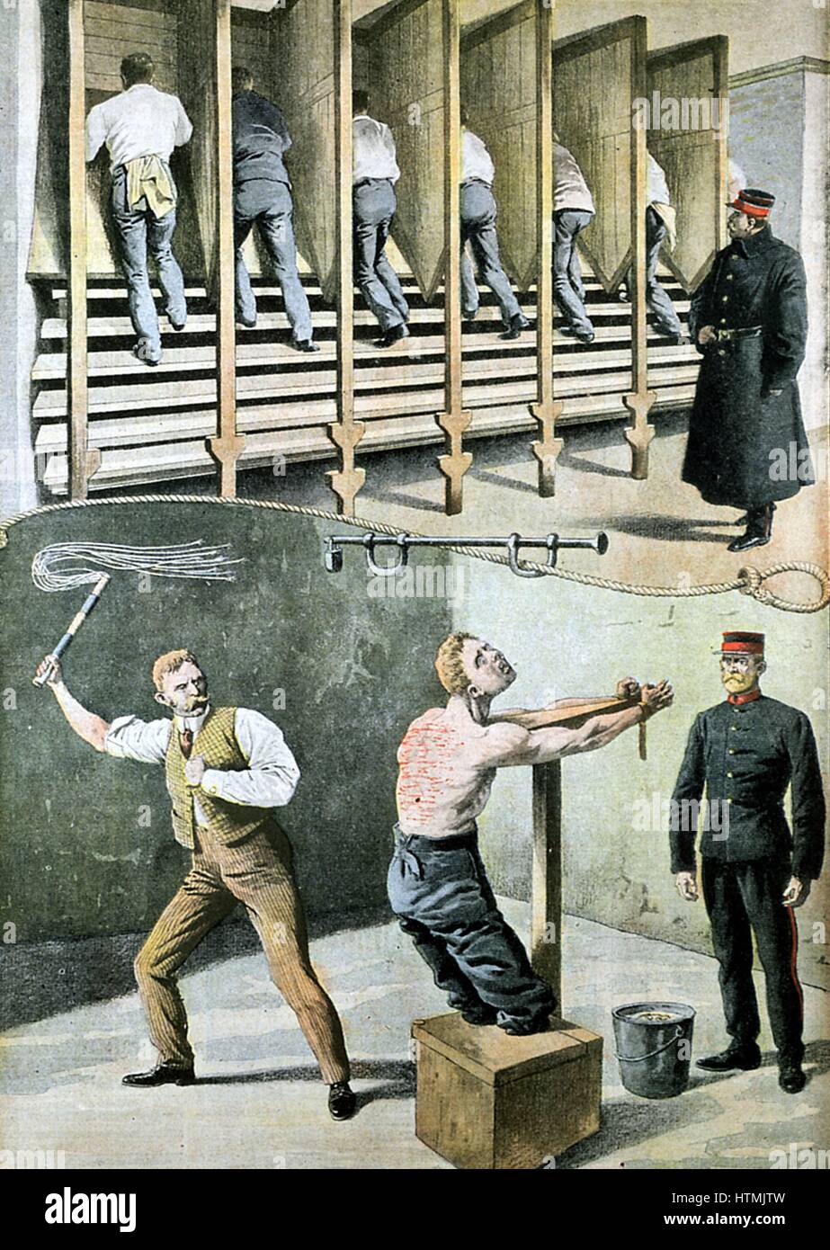 English prison life: treadmill for hard labour, and punishment with the cat-o-nine-tails. France was suffering from the Apaches at this time, and some thought the prisons should be made less comfortable and more like British ones. From 'Le Petit Journal', Paris, November 1907 Stock Photo