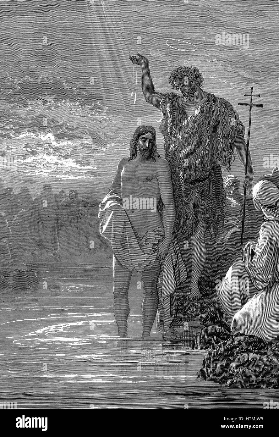 John the Baptist, wearing an animal skin, shown baptising Jesus. Bible: Matthew III.15. Illustration by Gustave Dore, 1865-6. Wood engraving Stock Photo