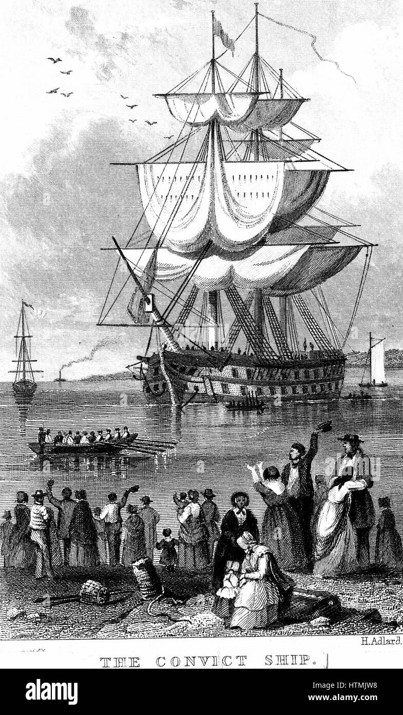 Transportation: Convict ship ready to sail from England to Australia, parts of which Britain used as a penal colony. Friends and relations having said farewell, probably for ever, wave from the shore. Early 19th century engraving Stock Photo