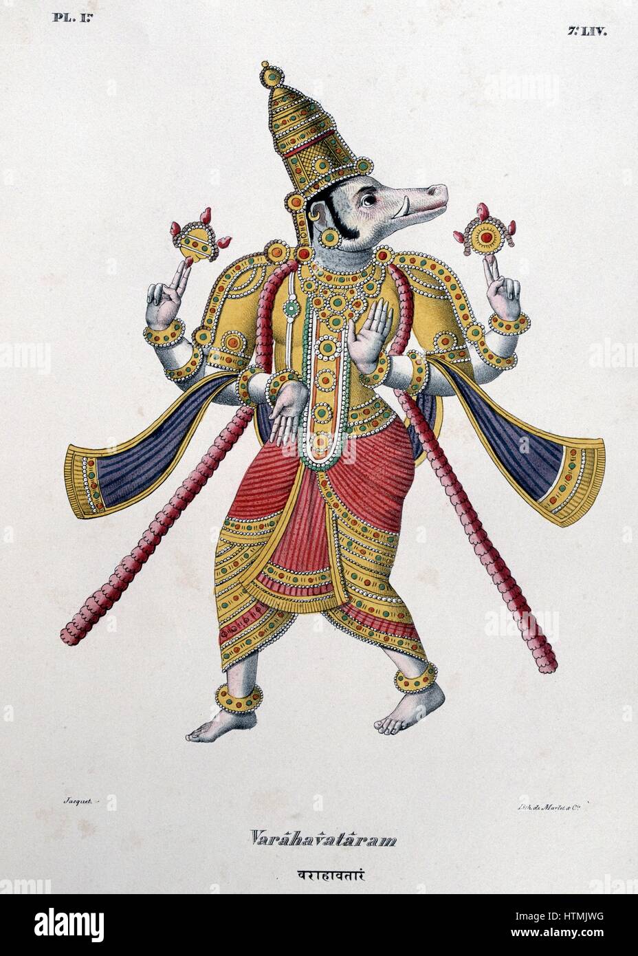 Vishnu, one of the gods of the Hindu trinity (trimurti) in his third avatar. Coloured lithograph from 'L'Inde francaise', 1828 Stock Photo