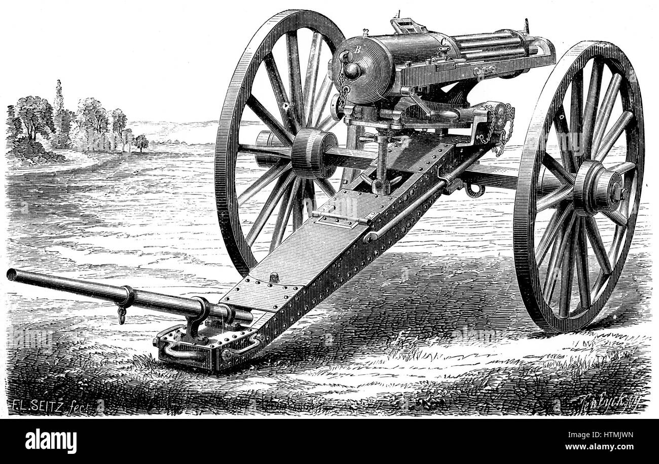 Gatling rapid fire gun (1861-62): Various models. From 'The Science Record' New York, 1762. Engraving Stock Photo