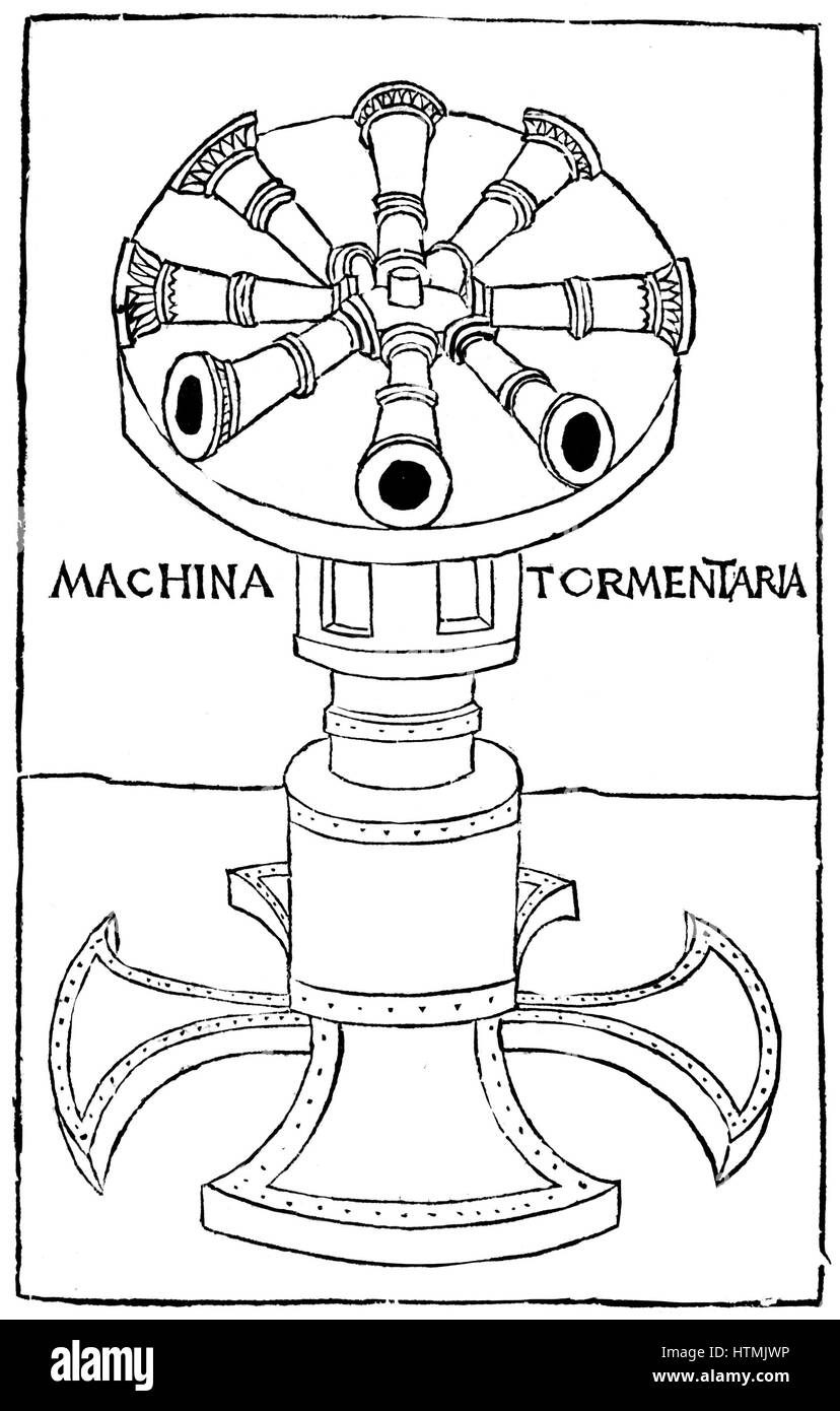 Early idea of a quick firing cannon. From Valturio 'De re militari' 1482. Woodcut Stock Photo