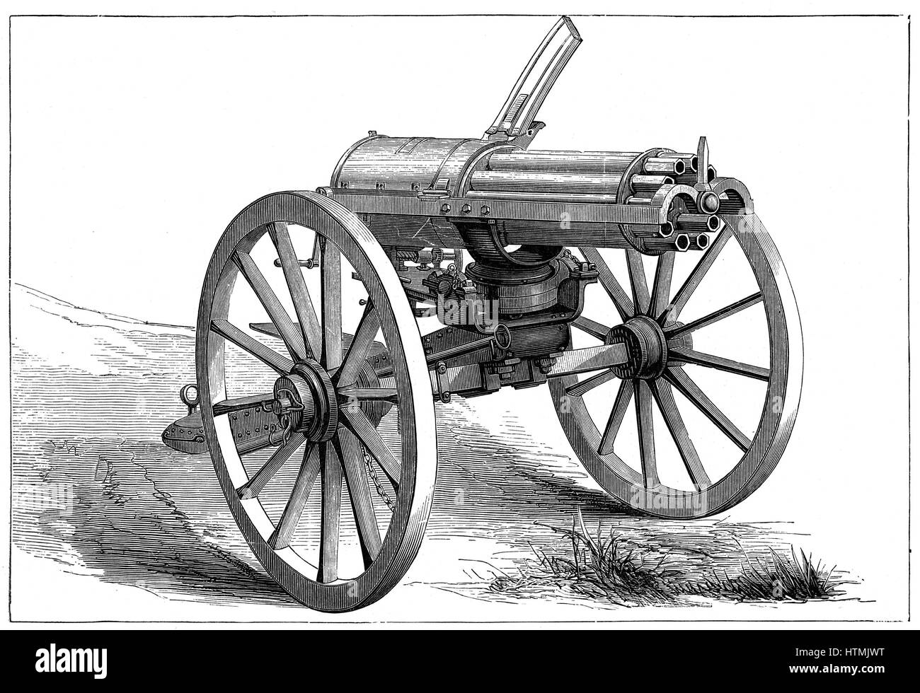 Gatling machine gun. From 'The Graphic', London, 1870. Stock Photo
