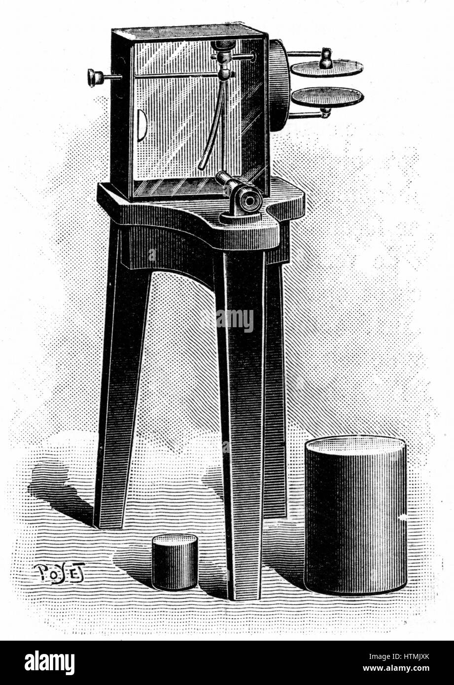 Electroscope fitted with microscope, used in the Curies' laboratory, Paris, to detect presence of radioactivity. Engraving published 1904 Stock Photo