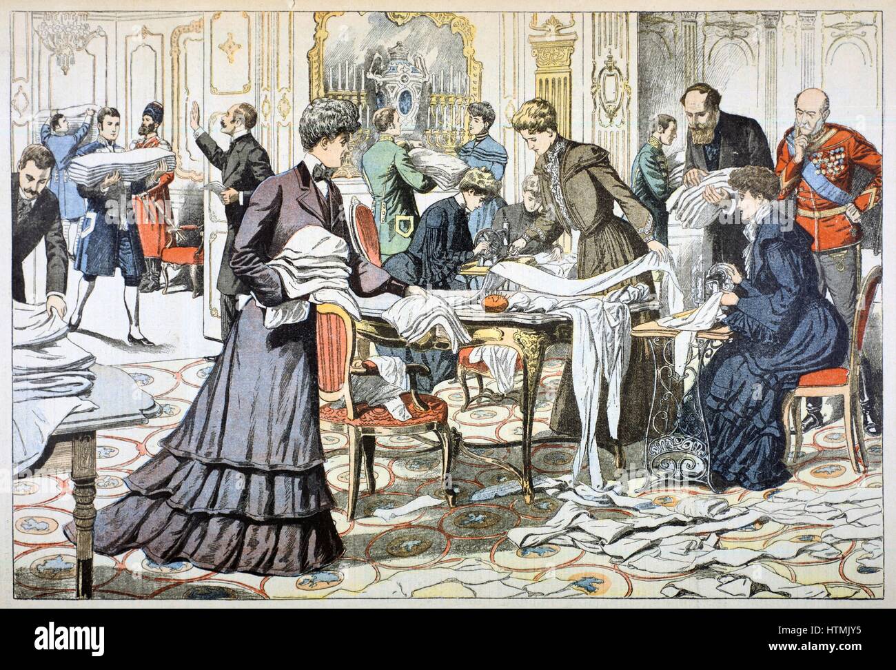 Russo-Japanese War 1904-1905: Workroom in the Winter Palace, St Petersburg, supervised by the Tsarina, producing dressings and gowns for wounded Russians. Note sewing machines. From 'Le Petit Journal', Paris, 28 February 1904. Stock Photo