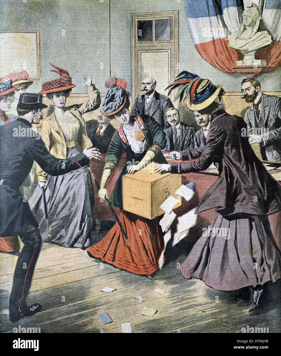 Belgian Suffragettes upsetting ballot boxes. From 'Le Petit Journal', Paris, 17 May 1908 Stock Photo