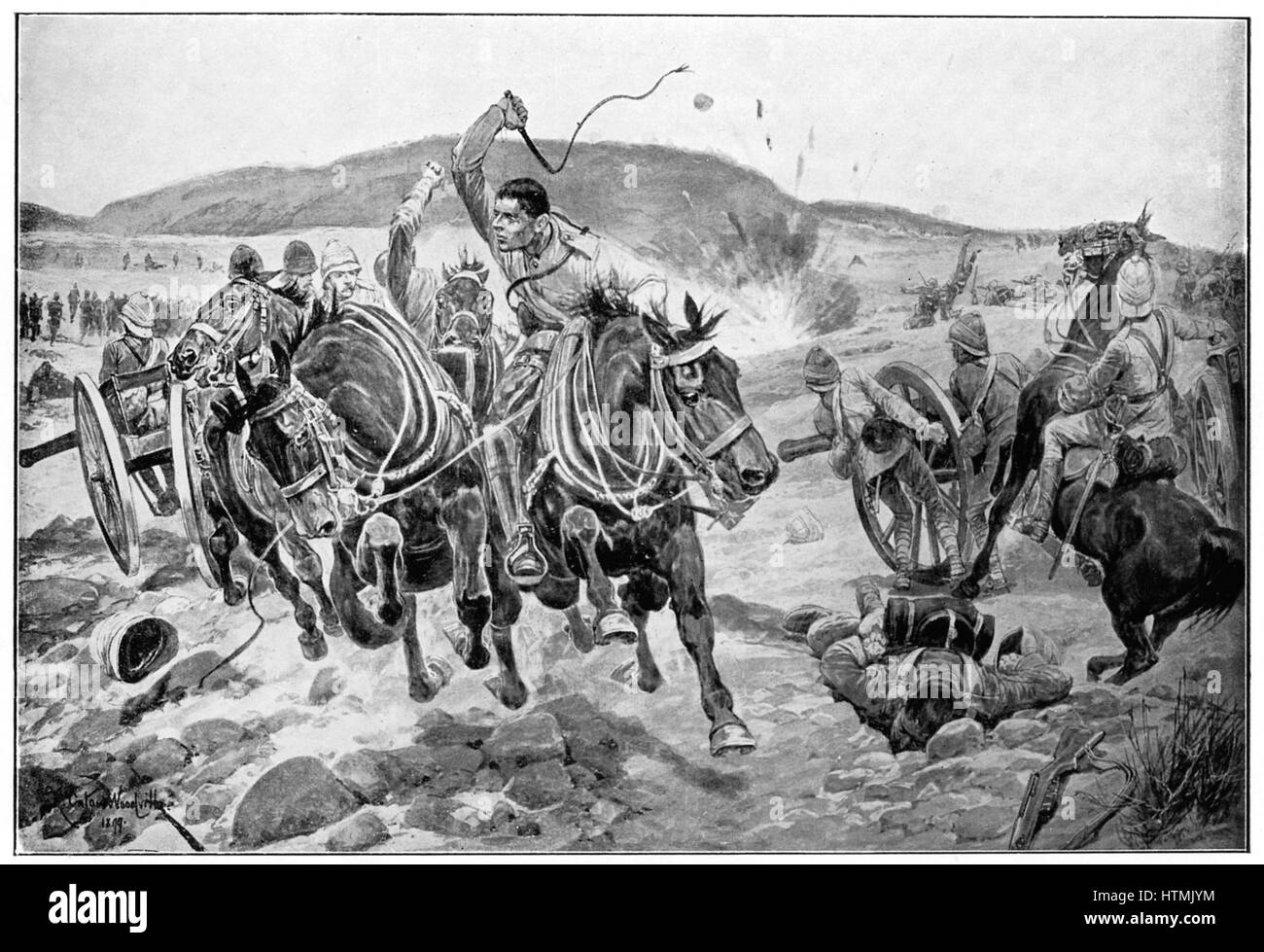 Before Ladysmith: British horse artillery under attack from the Boers galloping to take up a new position. After drawing by R. Caton Woodville, 1899. Stock Photo