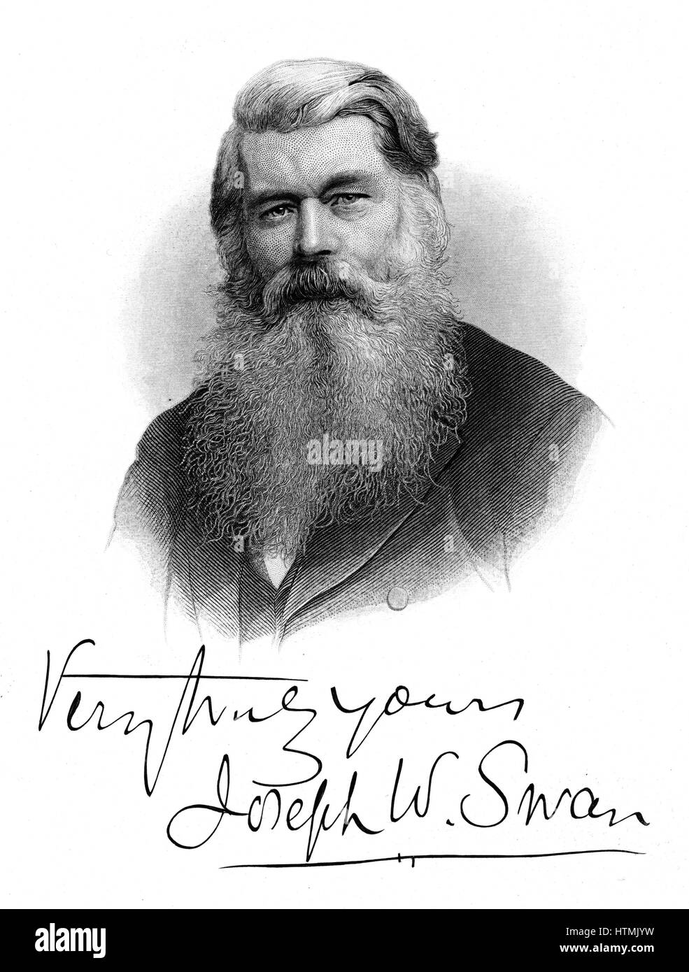 Joseph Wilson Swan (1828-1914) British physicist and chemist. Photography (bromide paper): Incandescent light bulb. Portrait engraving Stock Photo