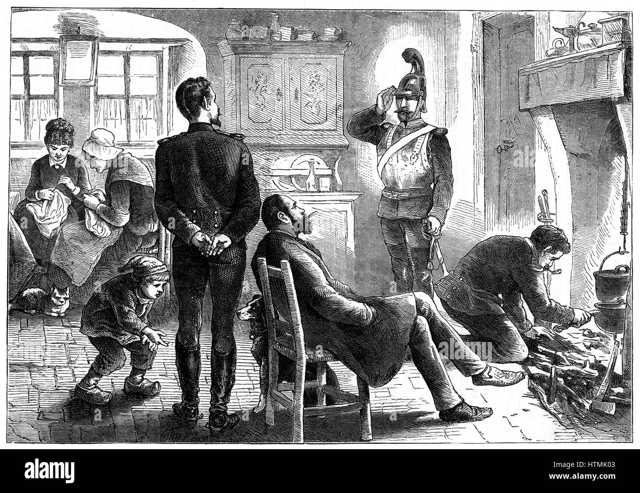 Franco-Prussian War 1870-1871: In Possession. Prussian officers billeted on a French family, December 1871. Engraving Stock Photo