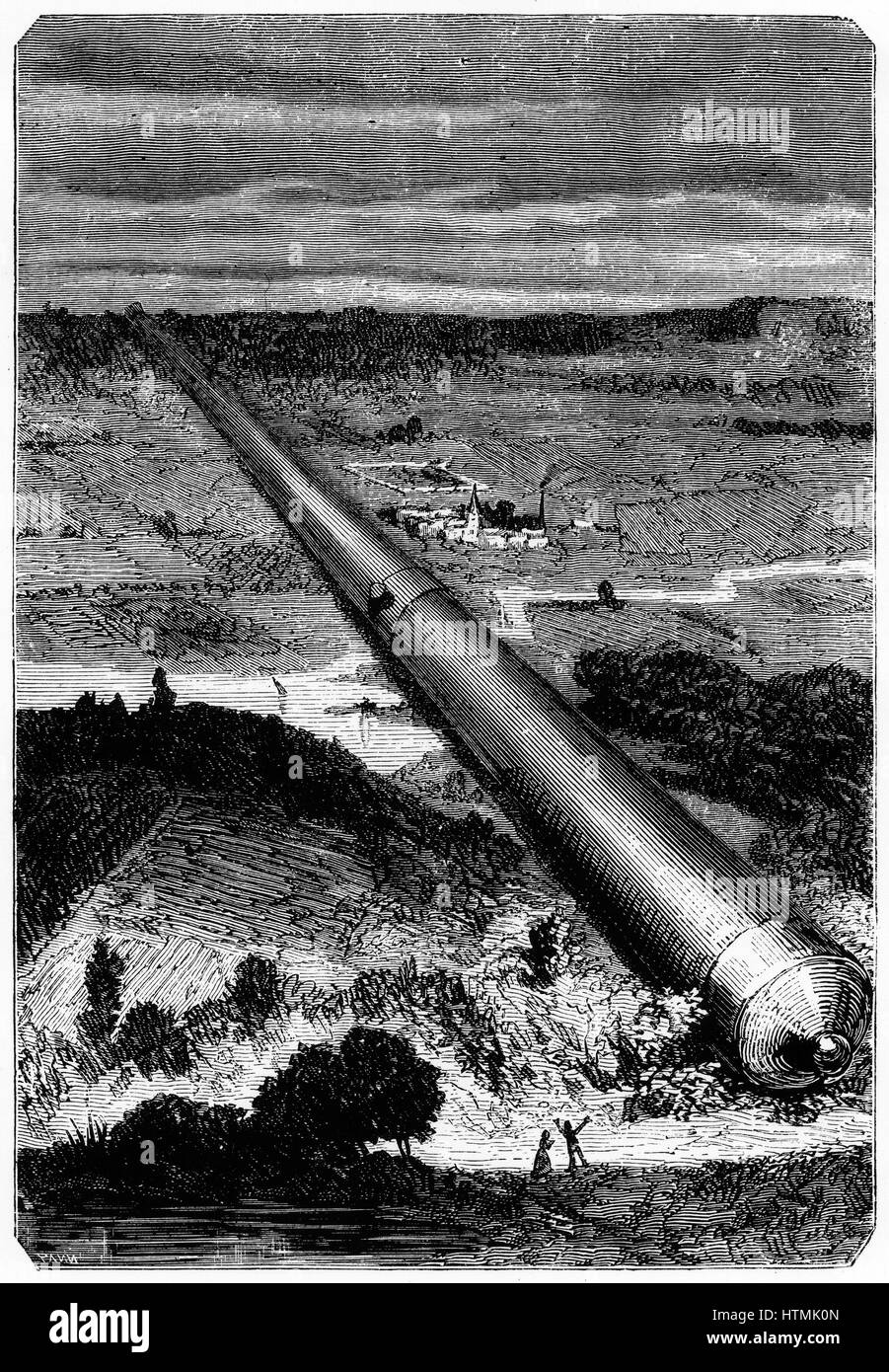 The giant cannon used to launch the space craft "Columbiad". From Jules Verne "De la Terre a la Lune", Paris, 1865. Wood engraving. French Literature. Science Fiction. Space flight. Stock Photo