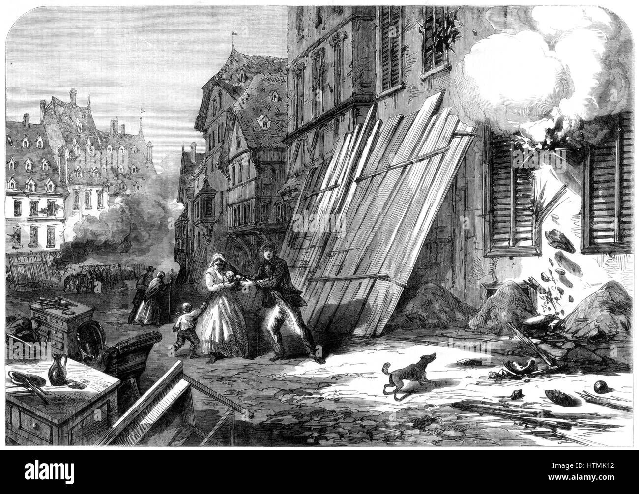 Franco-Prussian War 1870-1871: A street in Strasbourg during the siege and bombardment, 1870. From 'The Illustrated London News'. (London, 15 October 1870). Wood engraving. France. Germany. Stock Photo