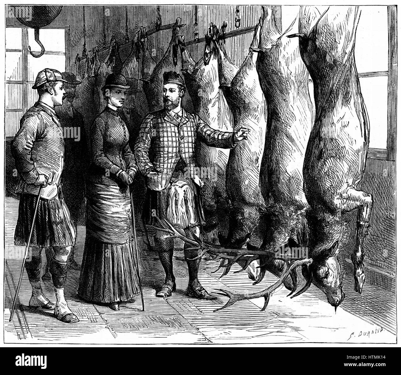 Duke of Fife's game larder, 1881. The Prince and Princess of Wales (Edward VII and Queen Alexandra from 1901) being shown the Duke of Fife's game larder during a deerstalking holiday in the Forest of Mar, Scotland. From 'The Graphic'. (London, 1881). Wood engraving. Stock Photo