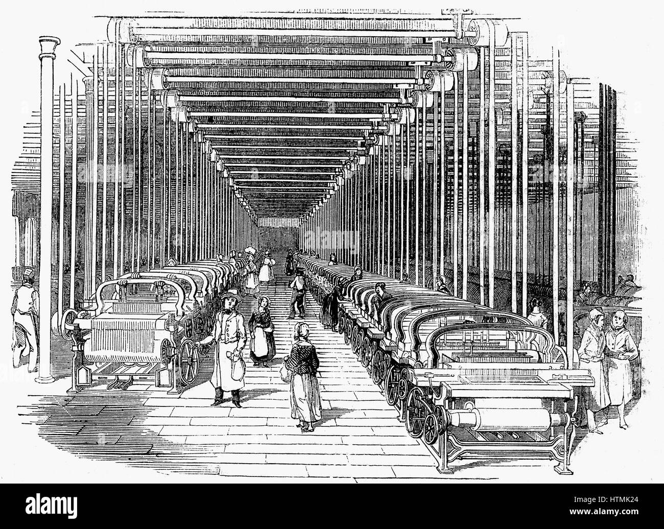 Weaving shed fitted rows with power looms driven by belt and shafting. Wood engraving c1840 Stock Photo