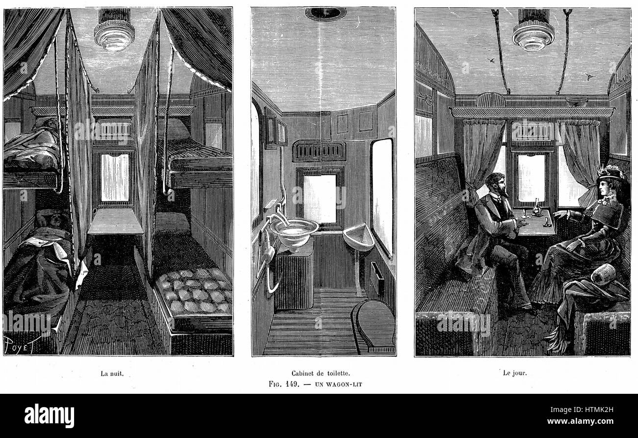 Part of a French wagon-lit (sleeping car), showing accommodation by day and night and centre, the lavatory and WC. Carriages were double-glazed and heated and there was hot and cold running water. Wood engraving, 1890 Stock Photo