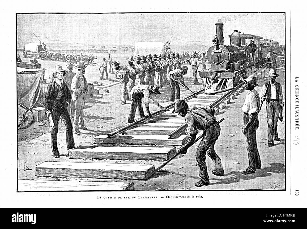 Laying sleepers and rails (permanent way) on the Transvaal Railway, Africa. Illustration published Paris 1893 Stock Photo