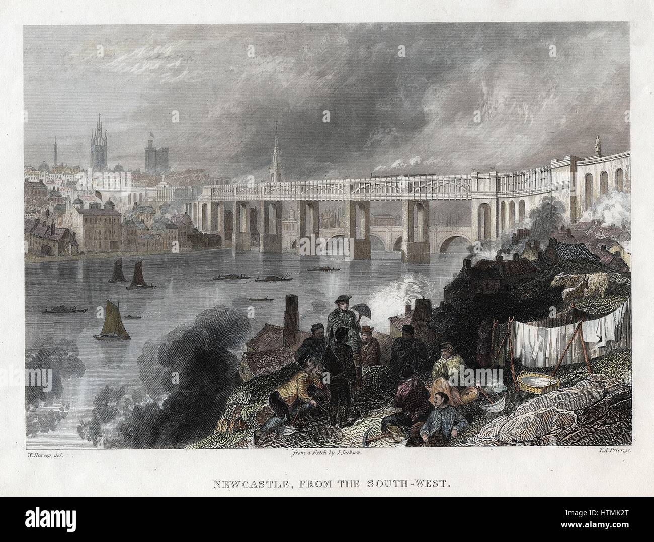 High Level Bridge over the Tyne at Newcastle, built by Robert Stephenson between 1846 and 1849. Bow-string girder, North British Railway. District of mining & heavy industry. Hand-coloured engraving Stock Photo