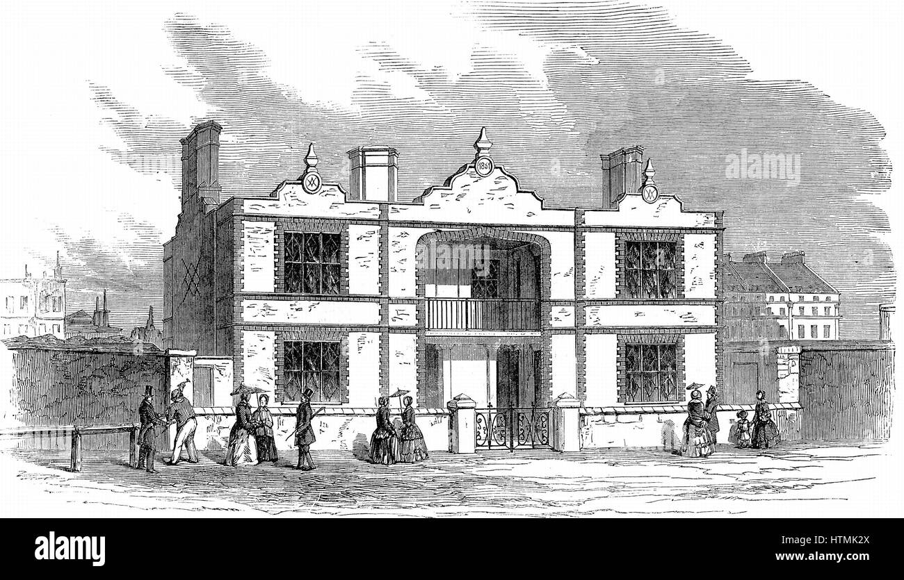 Prince Albert's model dwelling for the labouring classes designed for 4 families. Each family occupying a flat. Hollow brick construction. Illustration published 1851. A number of these buildings were constructed. Stock Photo