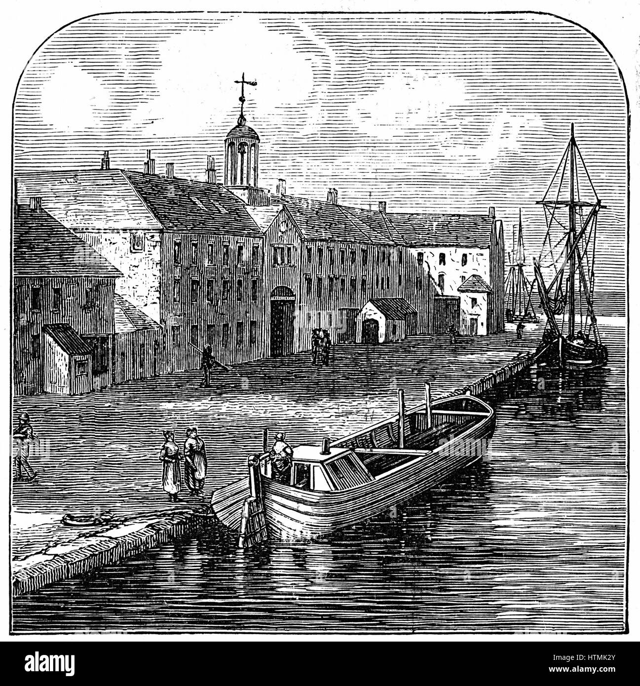 Wedgwood Etruria potteries, Hanley, Staffordshire viewed from the Etruria Canal which was constructed in order to transport finished wares from the potteries. Wood engraving Stock Photo