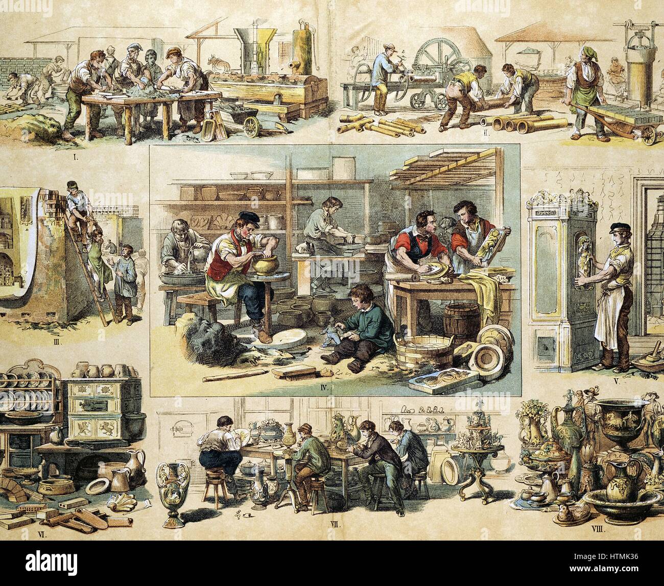 Various aspects of the ceramic industry from making of bricks, tiles and drainage pipes to the decoration of porcelain. Print c1870 Stock Photo
