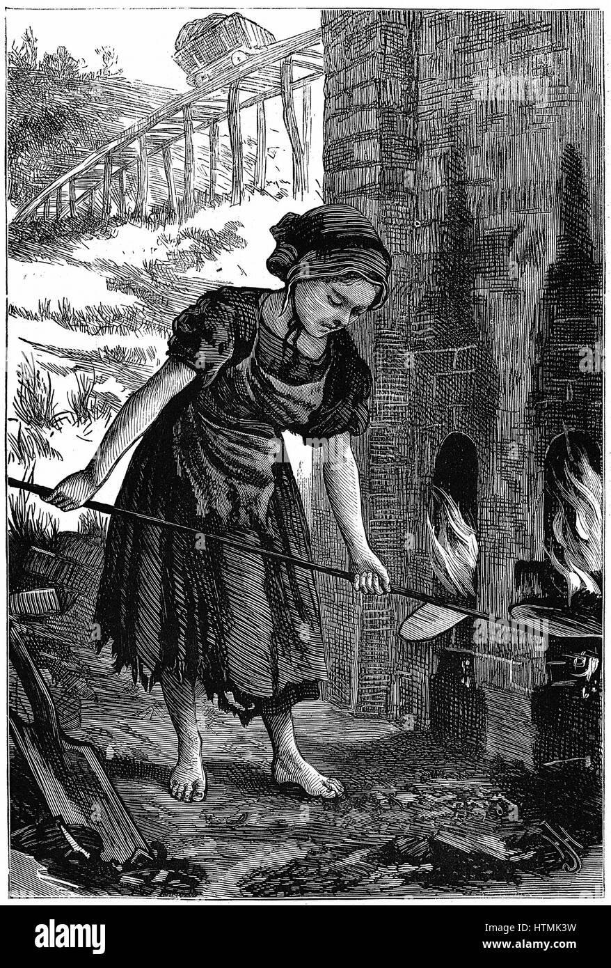 Young girl tending the fire holes of a brick kiln. It was estimated that at this time there were between 20,000 & 30,000 children from 5 to 16 at work in British brickyards. Wood engraving 1871 Stock Photo