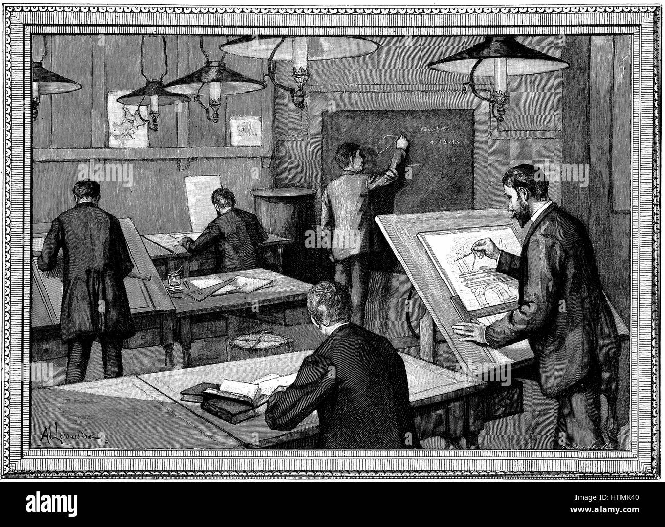 Ecole des Ponts-et-Chaussees, Paris. Students at their studies. Wood engraving, Paris, 1894 Stock Photo
