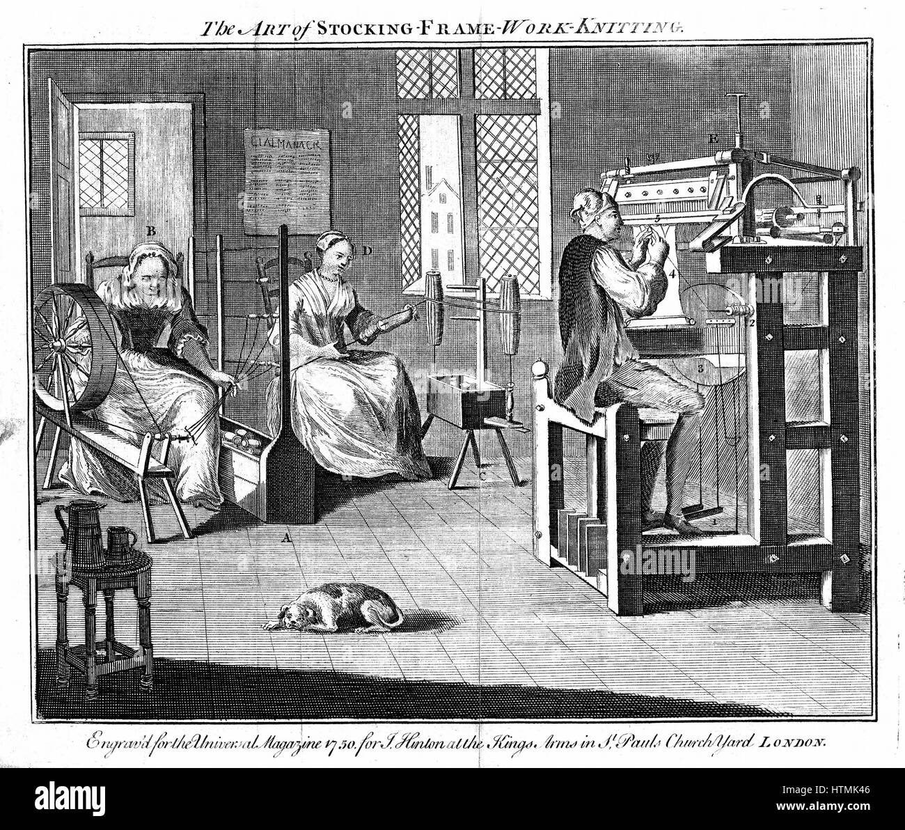 Stocking Frame Workshop, showing women winding and reeling the yarn, and the man working the knitting frame. From 'The Universal Magazine' London 1750 Stock Photo