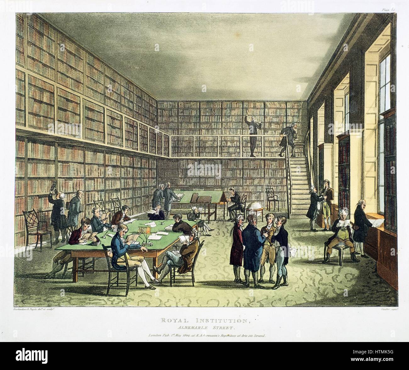 Library of the Royal Institution, Albermarle Street, London. From 'The Microcosm of London', Ackermann, London, 1808-11. Illustrated by Pugin and Rowlandson. Aquatint Stock Photo