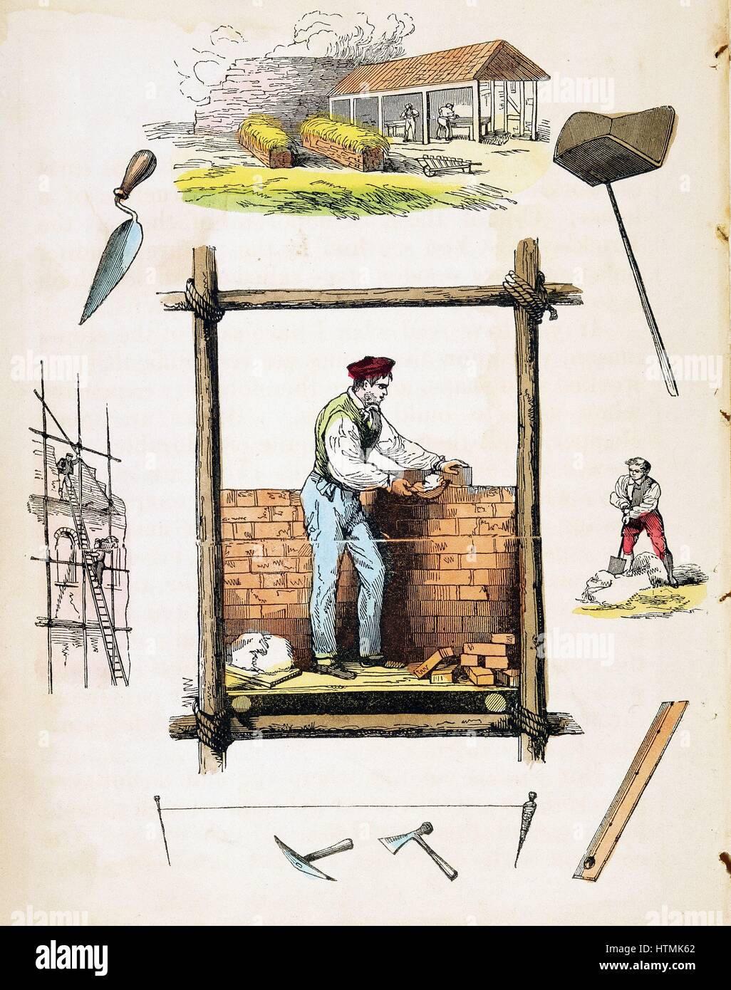 Bricklayer working on wooden scaffold. Top: Brickyard. Right: Miixing mortar. Hand-coloured wood engraving from children's book, London, c1845 Stock Photo