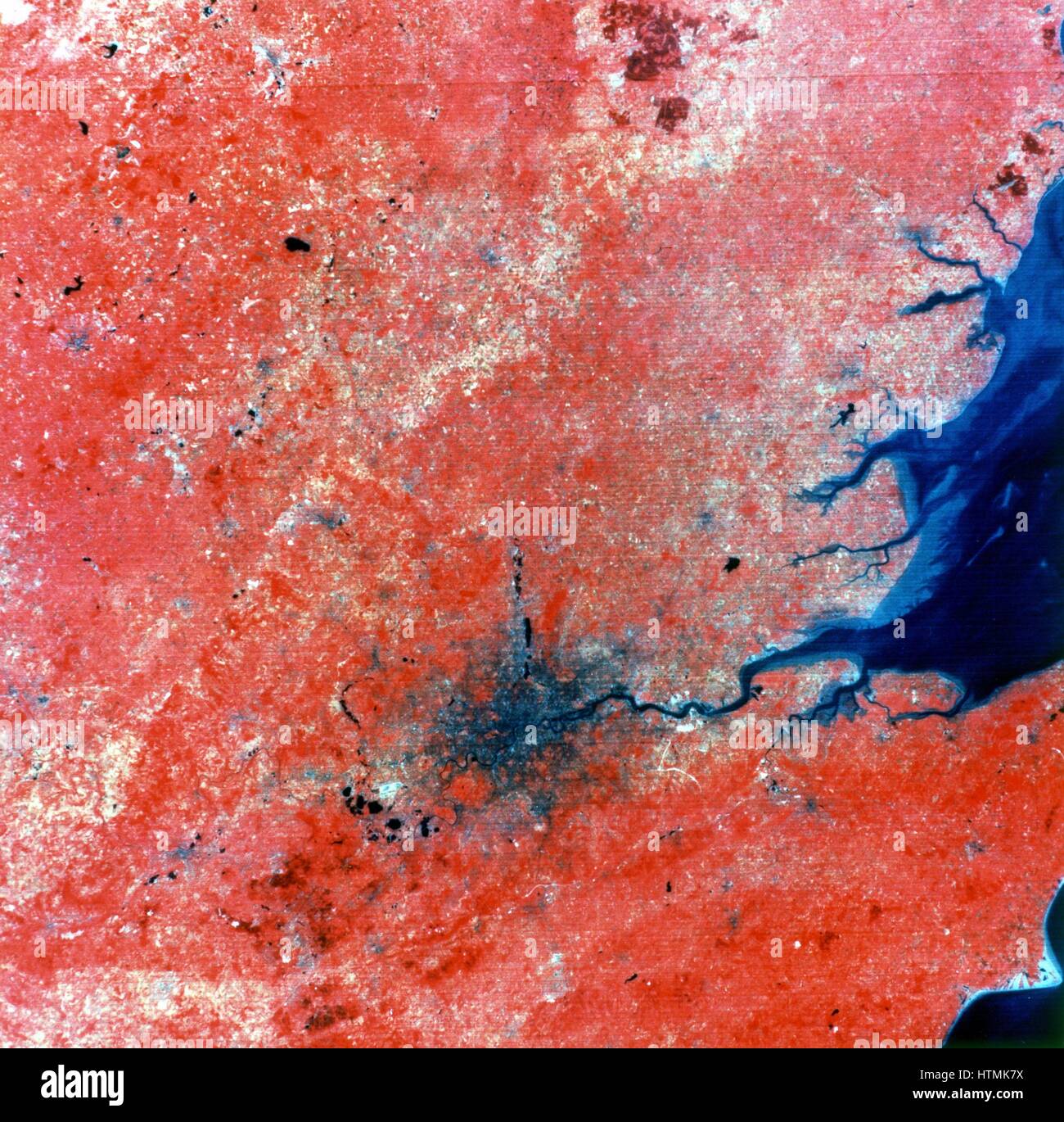 Composite photo of London taken by Landsat 2 from 905 km (560 miles). Green, red and infrared recorded separately, 11am 29 July 1975. NASA photograph. Stock Photo