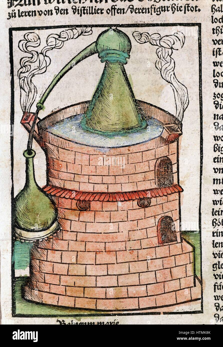 Distillation Still in water bath (bainmarie), showing an Alembic