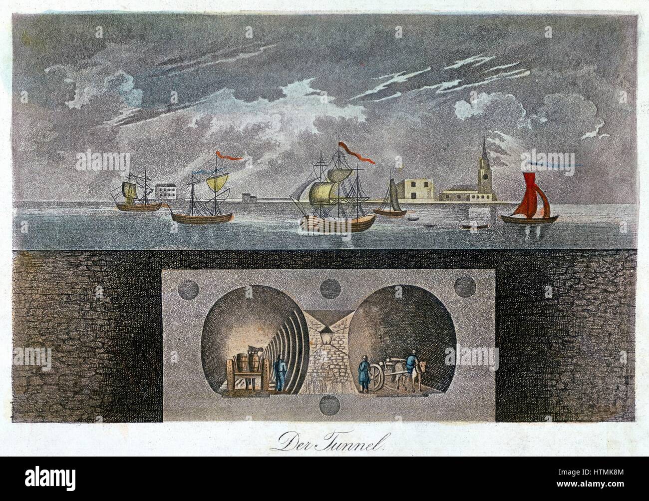 Cross-section showing position of Thames and M.I. Brunel's double arched masonry tunnel (1825-43) I.K. Brunel acted as site engineer. Still used by electric trains. German aquatint c.1830. Stock Photo