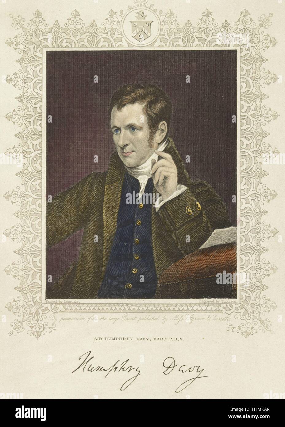 Humphry Davy (1778-1829) Hand-coloured engraving after portrait by James Lonsdale published 1830 Stock Photo