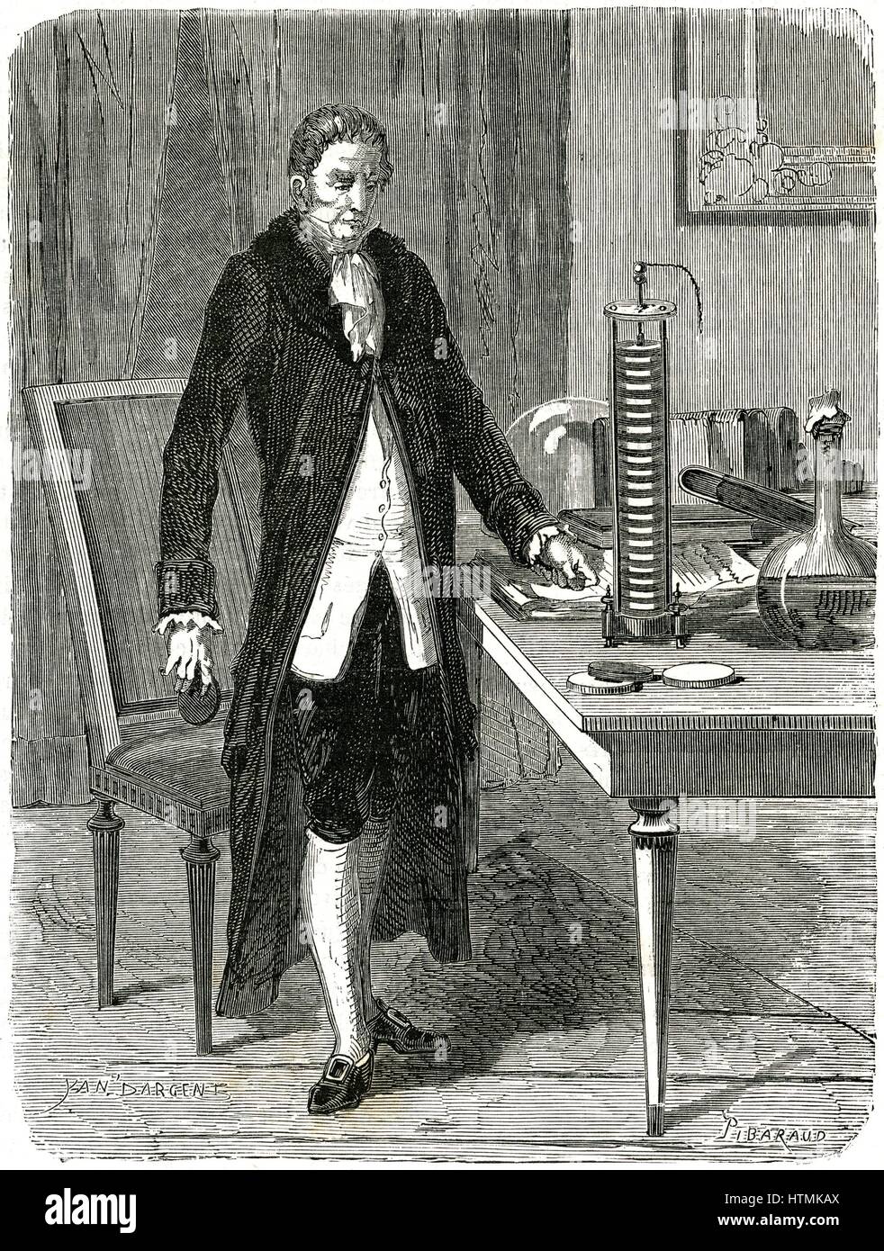 Alessandro Volta (1745-1827) Italian physicist, demonstrating his electric pile (battery). Wood engraving, Paris, c.1870 Stock Photo