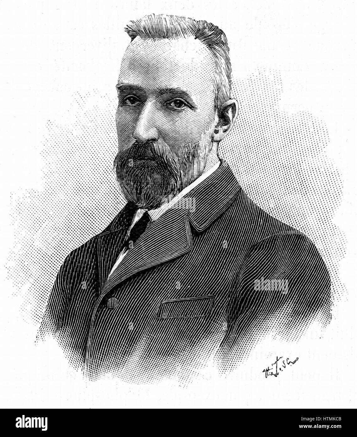 Pierre Curie (1859-1906) French chemist. Awarded Nobel prize for physics in 1903 joint with his wife, Marie, and Henri Becquerel. Engraving Stock Photo