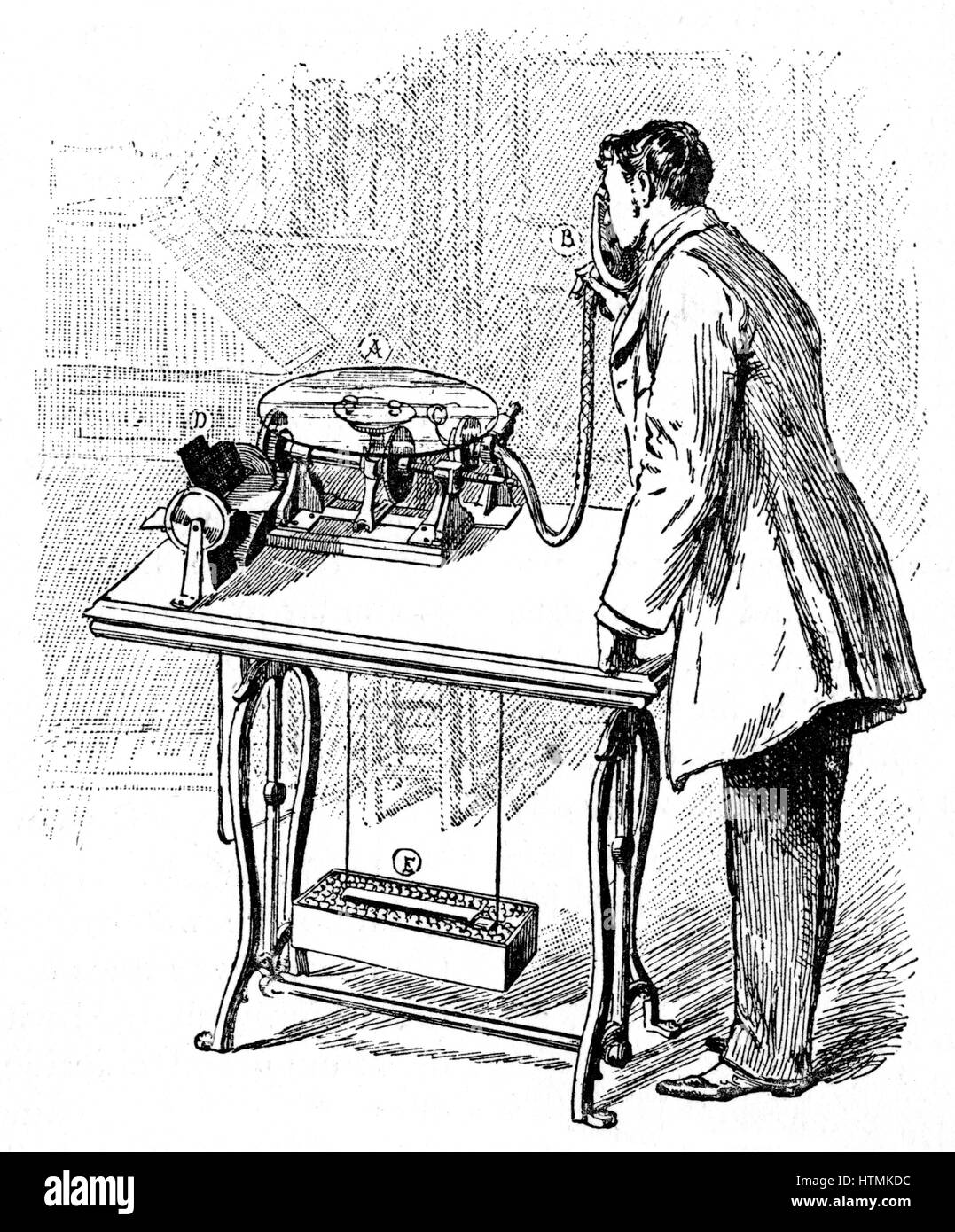 Making recording on Emile Berliner's Gramophone (1887). Speaking into tube produced trace on glass disc (A) coated with lamp-black. D, electric motor, E its battery. Trace fixed by varnishing, then copied in metal photographically. From "Cassell's Family Stock Photo