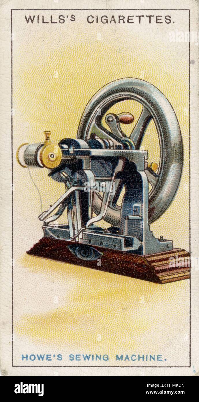 First lockstitch sewing machine, patented by Elias Howe (1819-1867), American inventor in 1845. From card published 1915. Chromolithograph Stock Photo