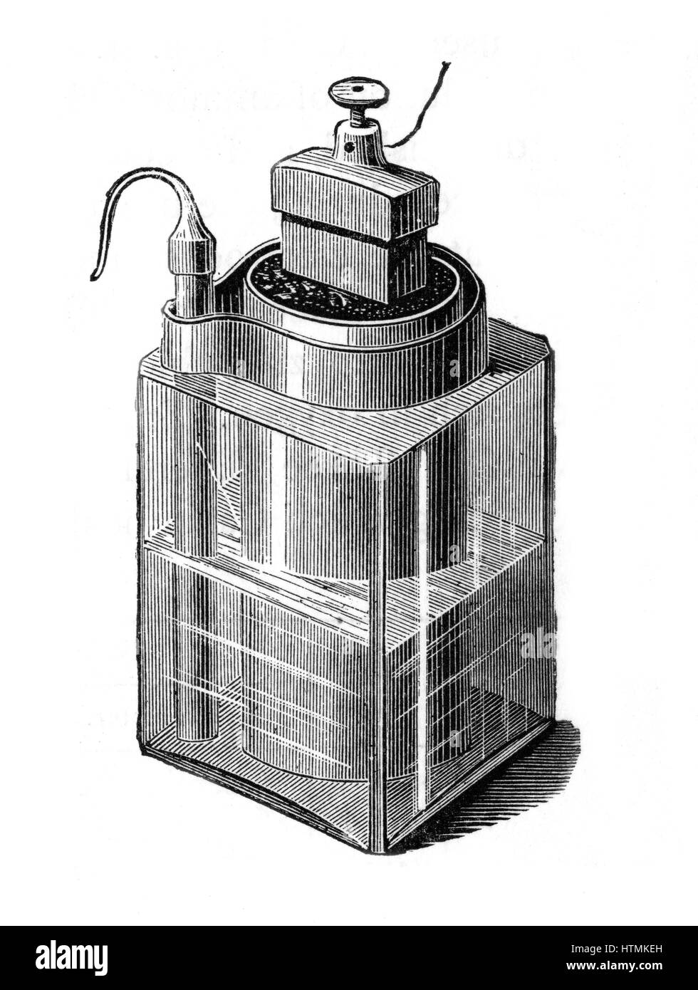Leclance cell (c1866) a type of wet battery. Zinc rod, left, central porous cell is a carbon block surrounded by small pieces of carbon and manganese dioxide, and sealed with pitch: fluid a strong solution of chloride of ammonia. From A.Ganot 'Natural Phi Stock Photo