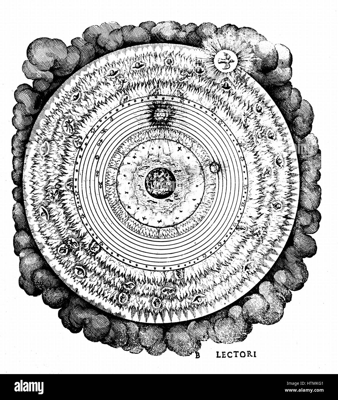 Geocentric universe showing the Earth surrounded by the spheres of water, air and fire, and by the spheres of the Moon, Sun and planets and the sphere of the fixed stars. Beyond these lies Heaven with the hierarchies of angels and the abode of God, repres Stock Photo